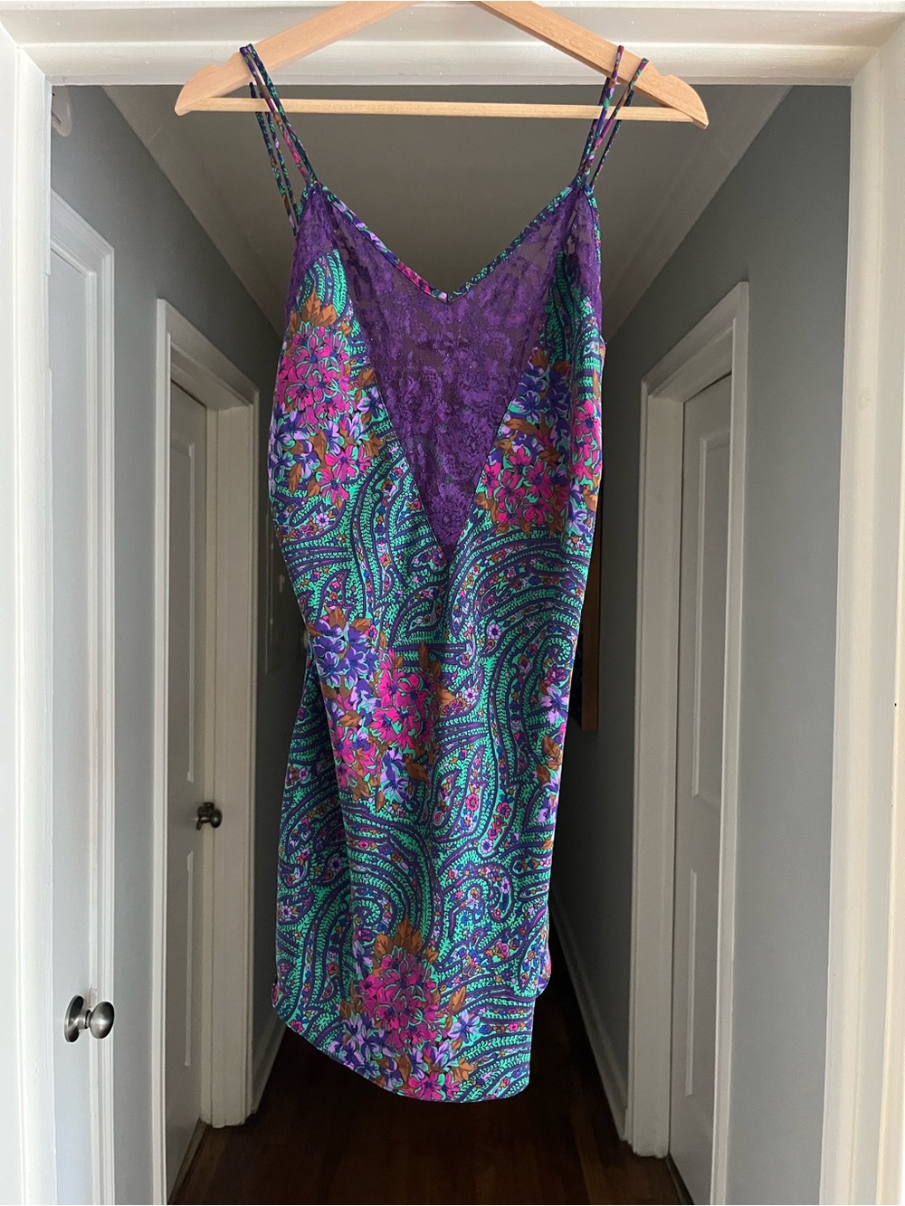 Vintage Victoria Secret Purple Paisley Slip Dress with Floral Accents